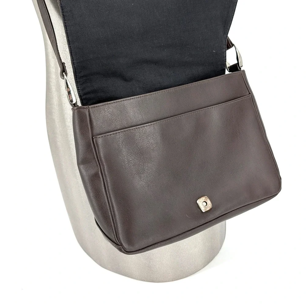 Liz Claiborne Brown‎ Faux Leather Crossbody Messenger Bag Flap Closure